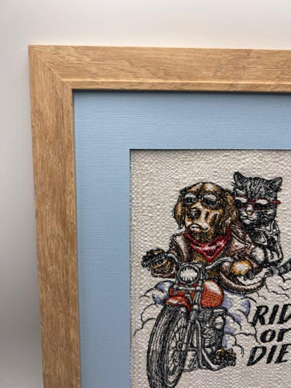 Homemade Ride Or Die Dog & Cat 8X10 Framed Embroidery Art - Picture 4 of 6